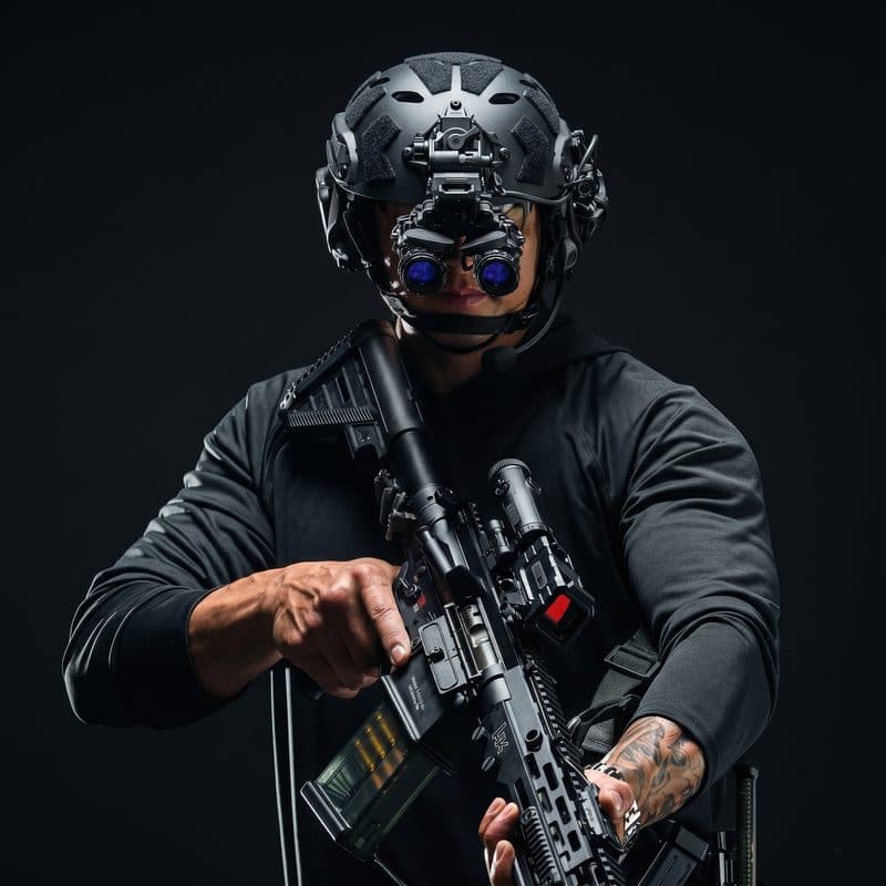 Operator wearing Astra night vision binocular in the field
