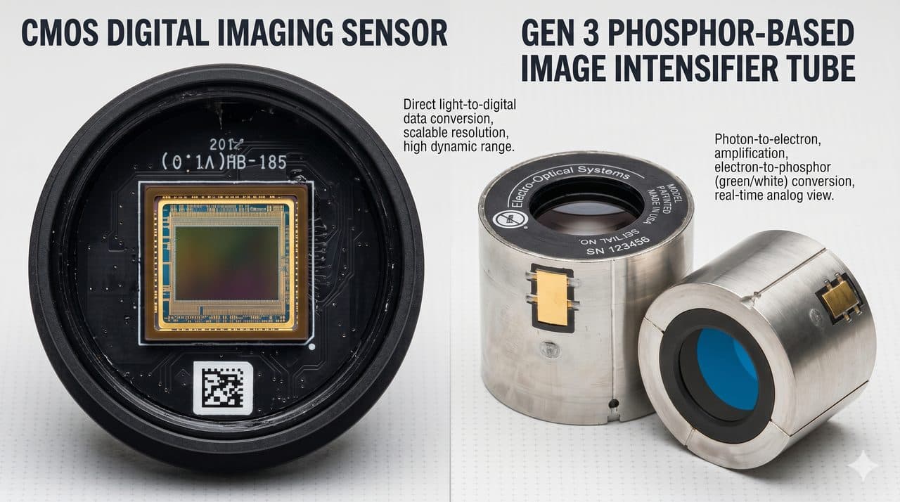 Phosphor image intensifier tube versus modern CMOS sensor — night vision technology comparison