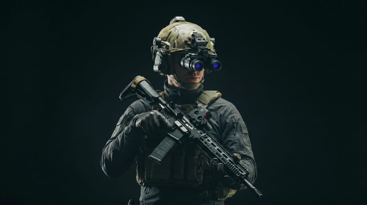 Law enforcement officer in tactical gear with digital night vision monocular — no specialist training required