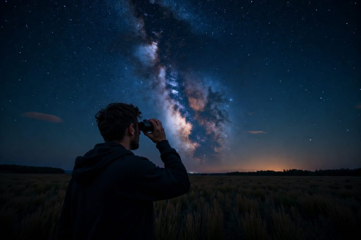 Person with night vision monocular under a vast starlit Milky Way sky — X10 outdoor low-light performance