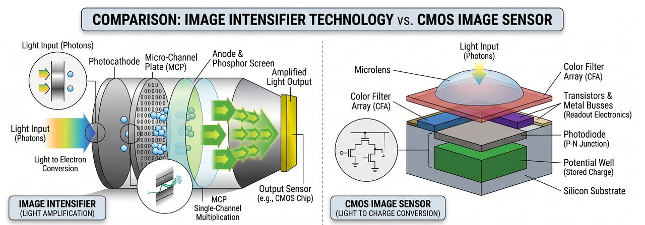 Image intensifier tube phosphor technology versus CMOS sensor — side by side visualization