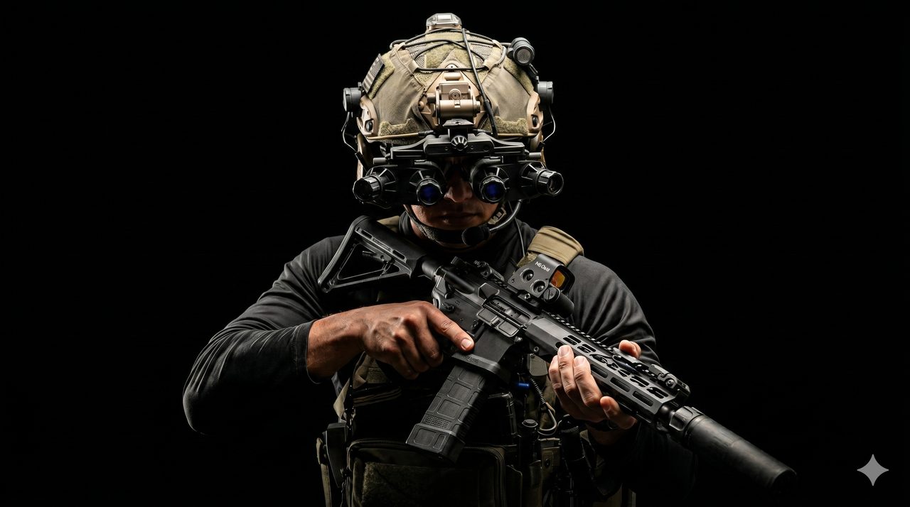 Officer with digital night vision monocular ready for immediate field deployment