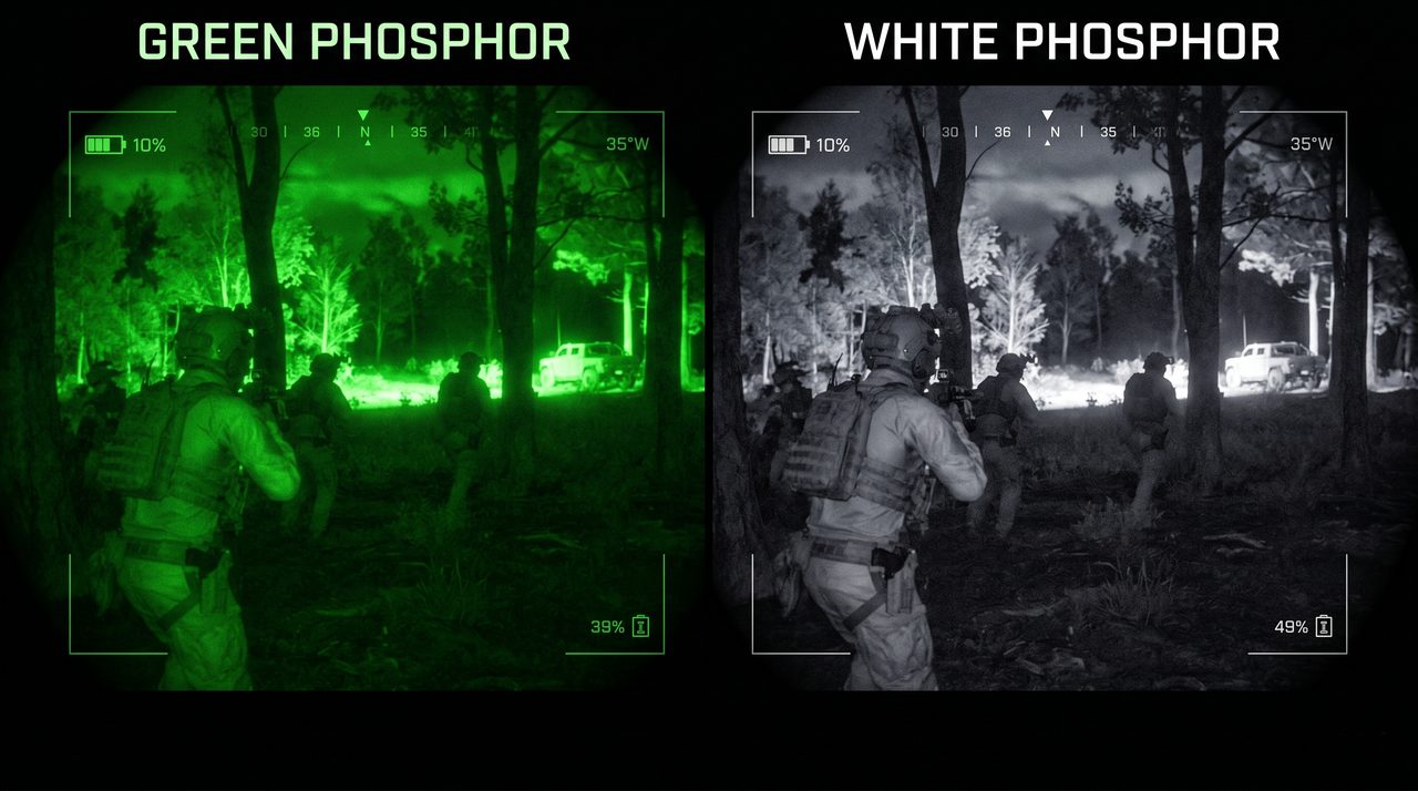 Green phosphor versus white phosphor grayscale night vision — side by side comparison